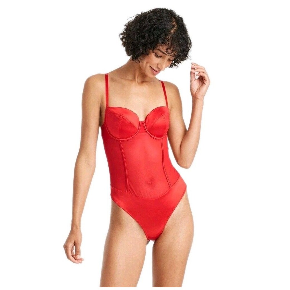 Auden Size S Red Satin Mesh Keyhole Lingerie Bodysuit Underwire Thong Lined Cups - Picture 2 of 9